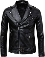 Men’s Classic Faux Leather Biker Jacket – Slim Fit Asymmetrical Motorcycle Jacket with Belt