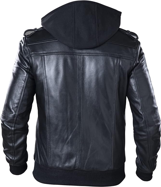 Men’s Urban Stealth Leather Bomber Jacket – Removable Hooded Biker Jacket with Quilted Lining