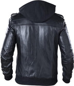Men’s Urban Stealth Leather Bomber Jacket – Removable Hooded Biker Jacket with Quilted Lining