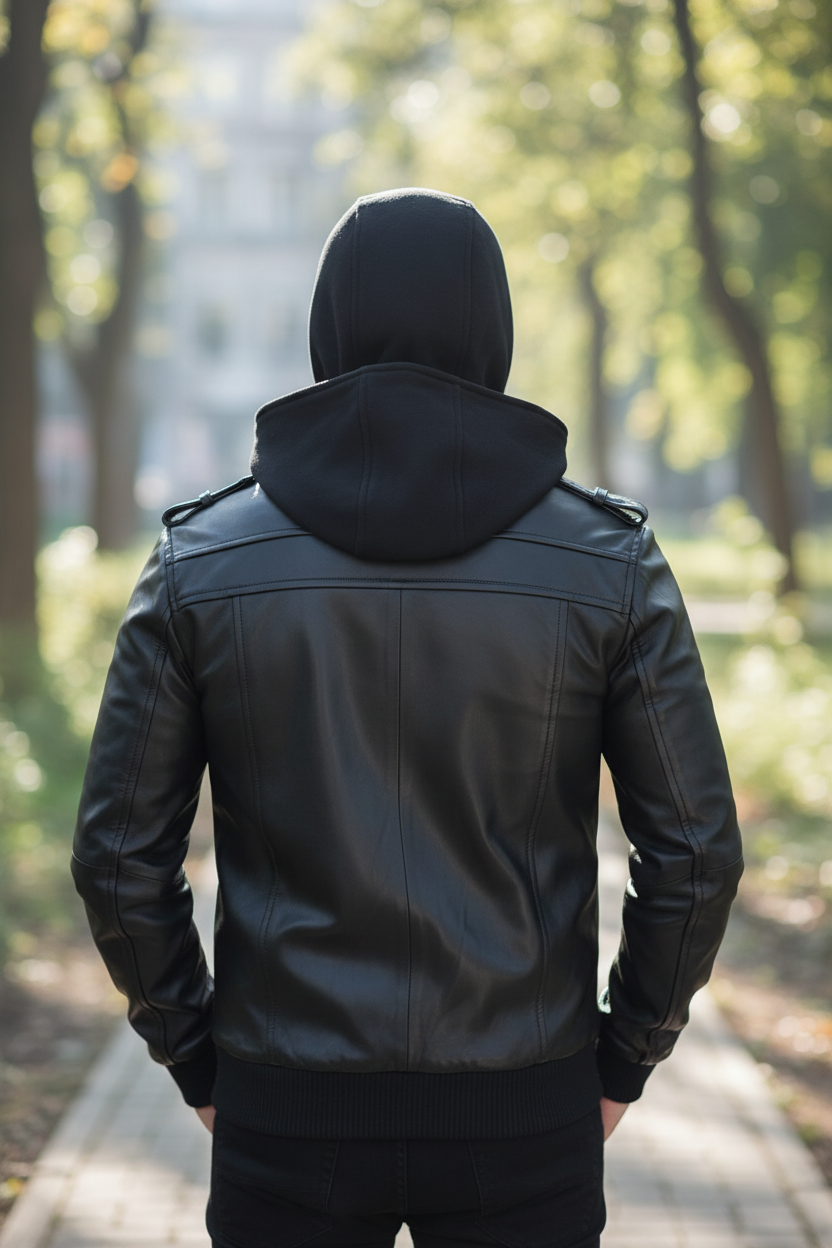 Men’s Urban Stealth Leather Bomber Jacket – Removable Hooded Biker Jacket with Quilted Lining
