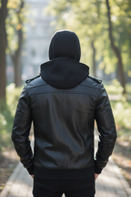 Men’s Urban Stealth Leather Bomber Jacket – Removable Hooded Biker Jacket with Quilted Lining