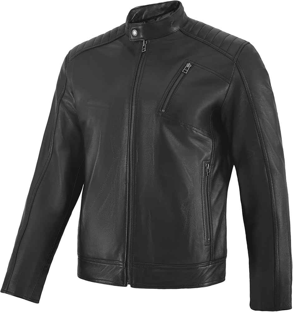 Men’s Premium Black Genuine Leather Café Racer Jacket – Quilted Shoulder Biker Style