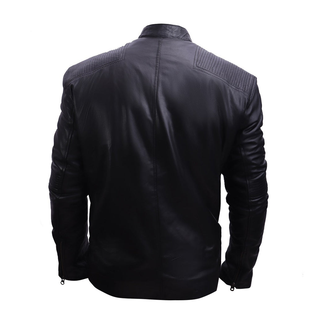 Men's Black Quilted Cafe Racer Leather Jacket - Slim Fit Biker Style