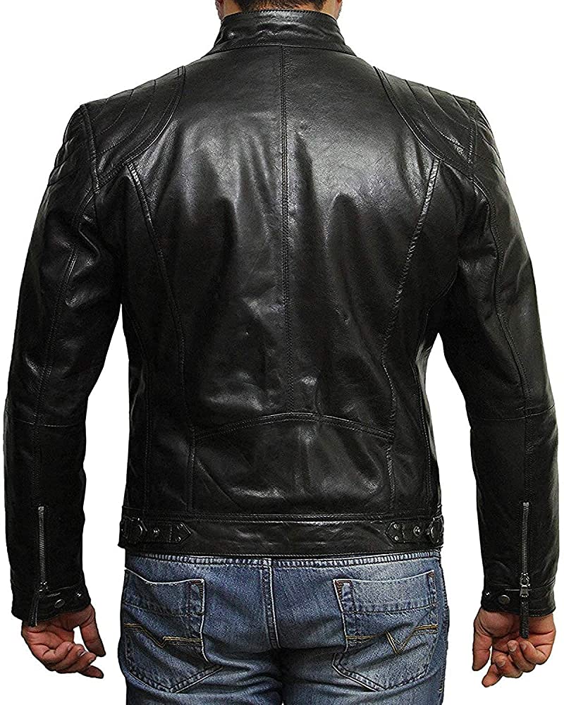 Men’s Black Genuine Leather Cafe Racer Jacket – Vintage Distressed Biker Jacket with Quilted Shoulders