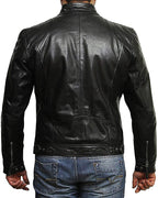 Men’s Black Genuine Leather Cafe Racer Jacket – Vintage Distressed Biker Jacket with Quilted Shoulders