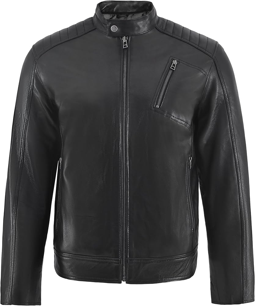 premium men's black leather café racer jacket. Features quilted shoulder detailing, a snap collar, and a sleek slim fit.