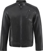 premium men's black leather café racer jacket. Features quilted shoulder detailing, a snap collar, and a sleek slim fit.