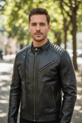 Men’s Premium Black Genuine Leather Café Racer Jacket – Quilted Shoulder Biker Style
