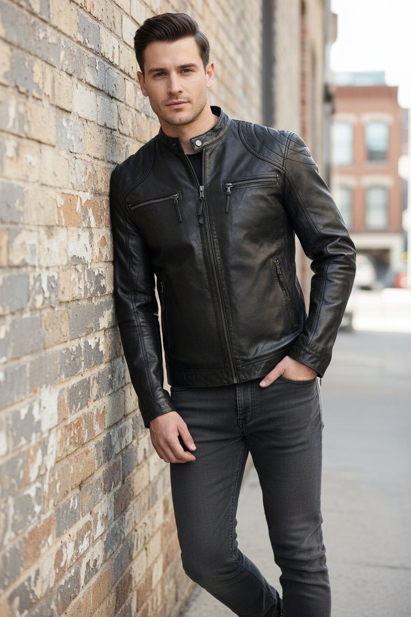 Men's Black Genuine Leather Cafe Racer Jacket. Features a vintage distressed look, quilted shoulders, and four zip pockets.