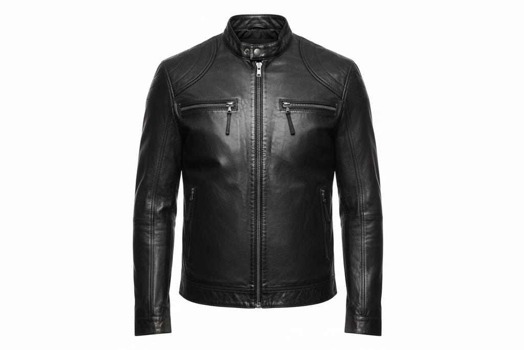Men’s Black Genuine Leather Cafe Racer Jacket – Vintage Distressed Biker Jacket with Quilted Shoulders