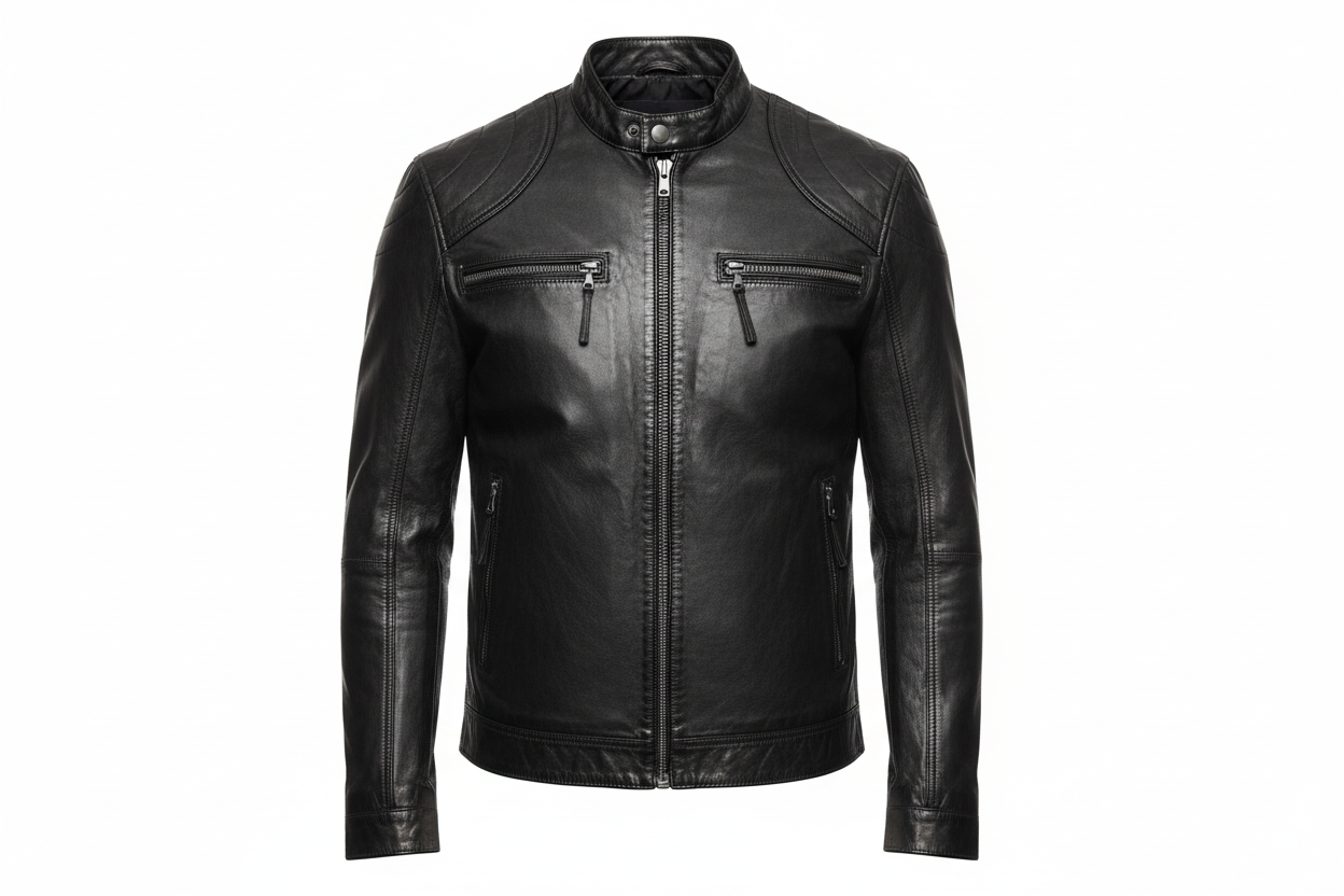Men’s Black Genuine Leather Cafe Racer Jacket – Vintage Distressed Biker Jacket with Quilted Shoulders