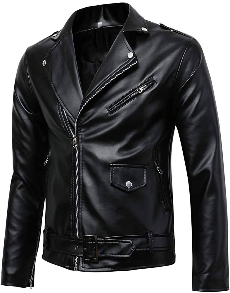 Men's black slim-fit motorcycle jacket with silver hardware and adjustable waist belt