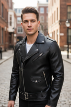 Men’s Classic Faux Leather Biker Jacket – Slim Fit Asymmetrical Motorcycle Jacket with Belt