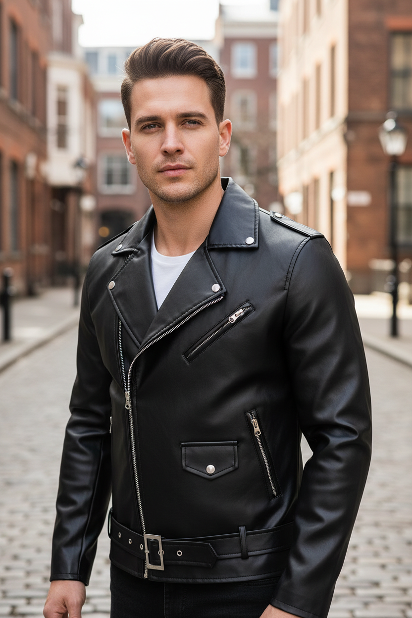 Men’s Classic Faux Leather Biker Jacket – Slim Fit Asymmetrical Motorcycle Jacket with Belt