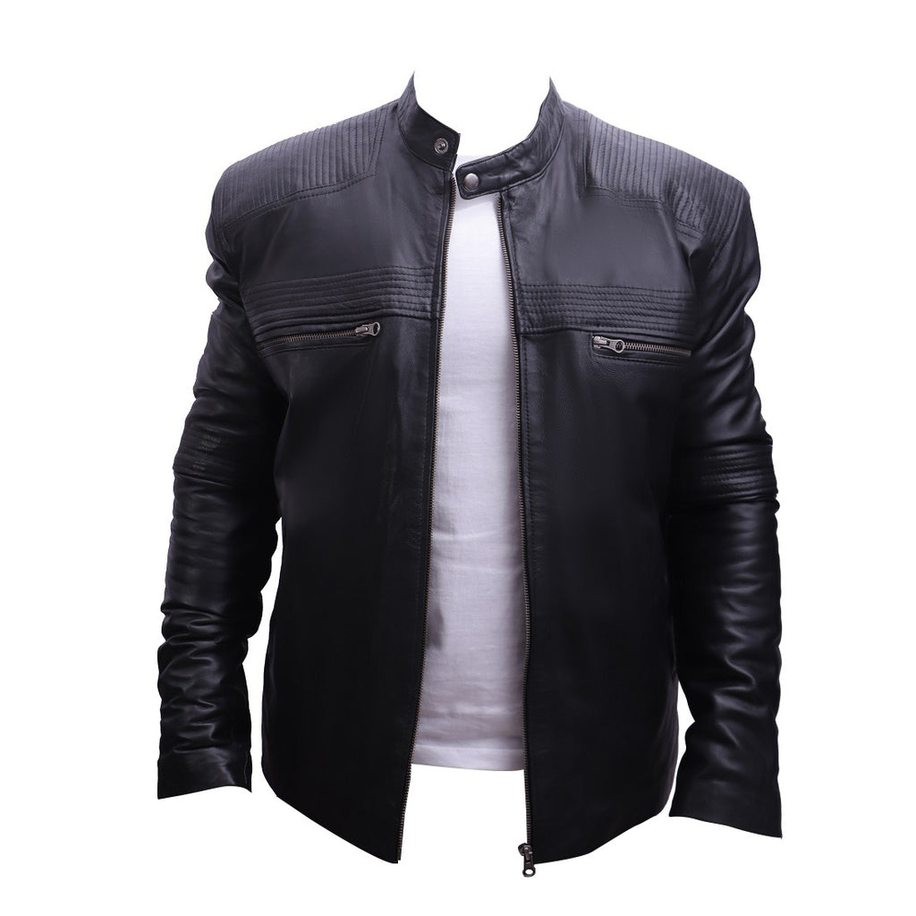 Men's Black Cafe Racer Jacket. Features quilted shoulder detailing, a snap-button collar, and a slim-fit design.