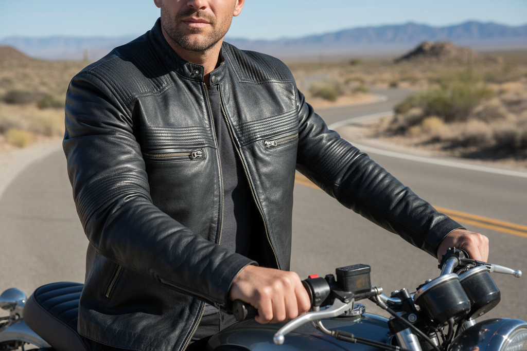 Men's Black Quilted Cafe Racer Leather Jacket - Slim Fit Biker Style