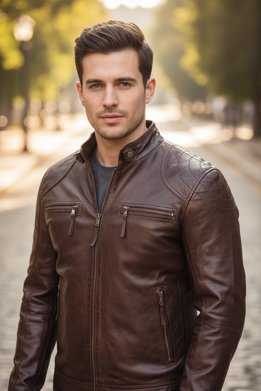 Men's Vintage Mahogany Brown Leather Cafe Racer Jacket – Slim Fit Distressed Biker Style