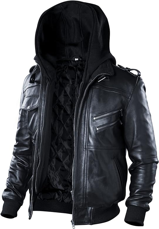 Men’s Urban Stealth Leather Bomber Jacket. Features a removable hood, quilted lining, and tactical pockets.