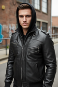 Men’s Urban Stealth Leather Bomber Jacket – Removable Hooded Biker Jacket with Quilted Lining