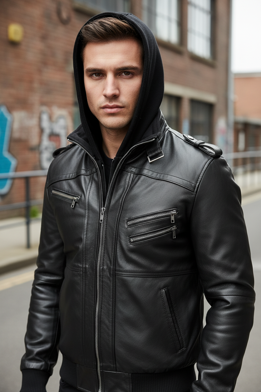 Men’s Urban Stealth Leather Bomber Jacket – Removable Hooded Biker Jacket with Quilted Lining